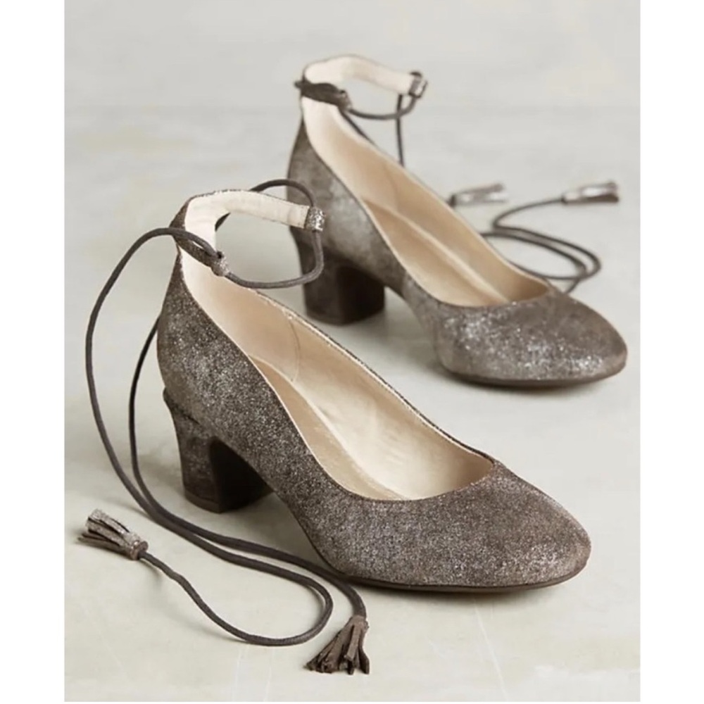 Anthropologie Lien Do metallic heels with tassel ties in EUC Size 7.5
